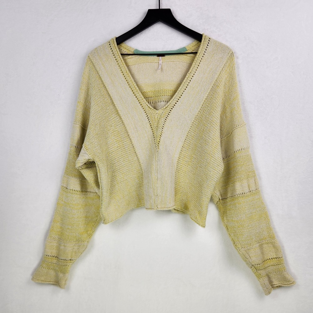 Free People Crop Sweater Women Small Yellow Striped Boho Oversized Cozy Cabin